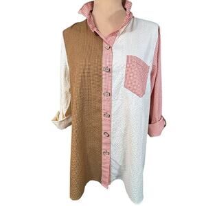 Ali Miles Two-Tone Brown, White & Pink Gingham Button-Down Shirt